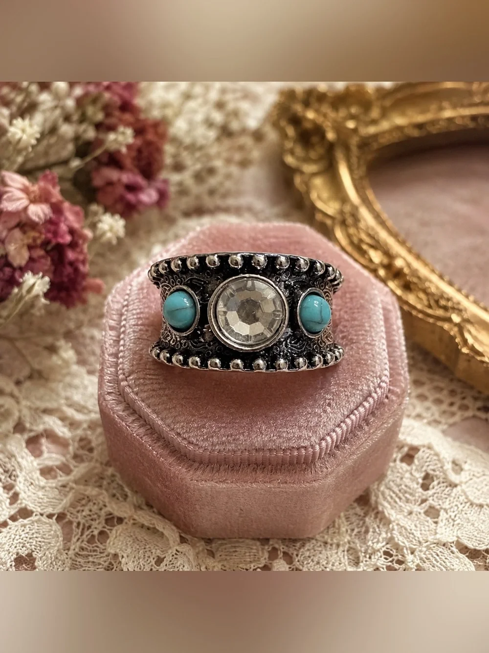 Boho Statement Ring Silver Tone Clear Crystal Turquoise Cabochons Sz 10.5 Unisex